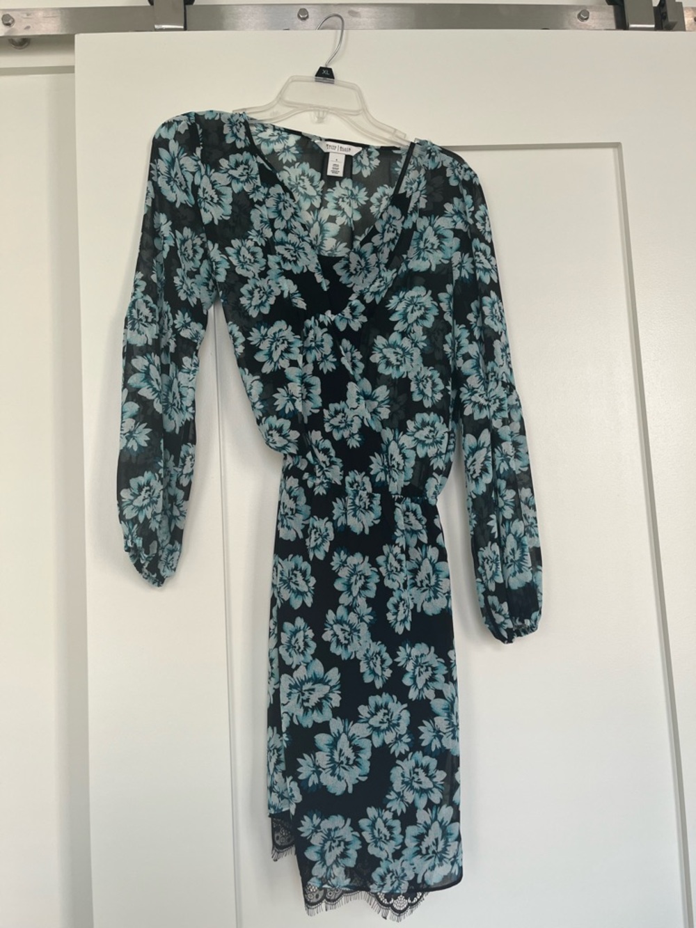 White House Black Market Black Dress with Aqua Floral Print - Long Sleeve